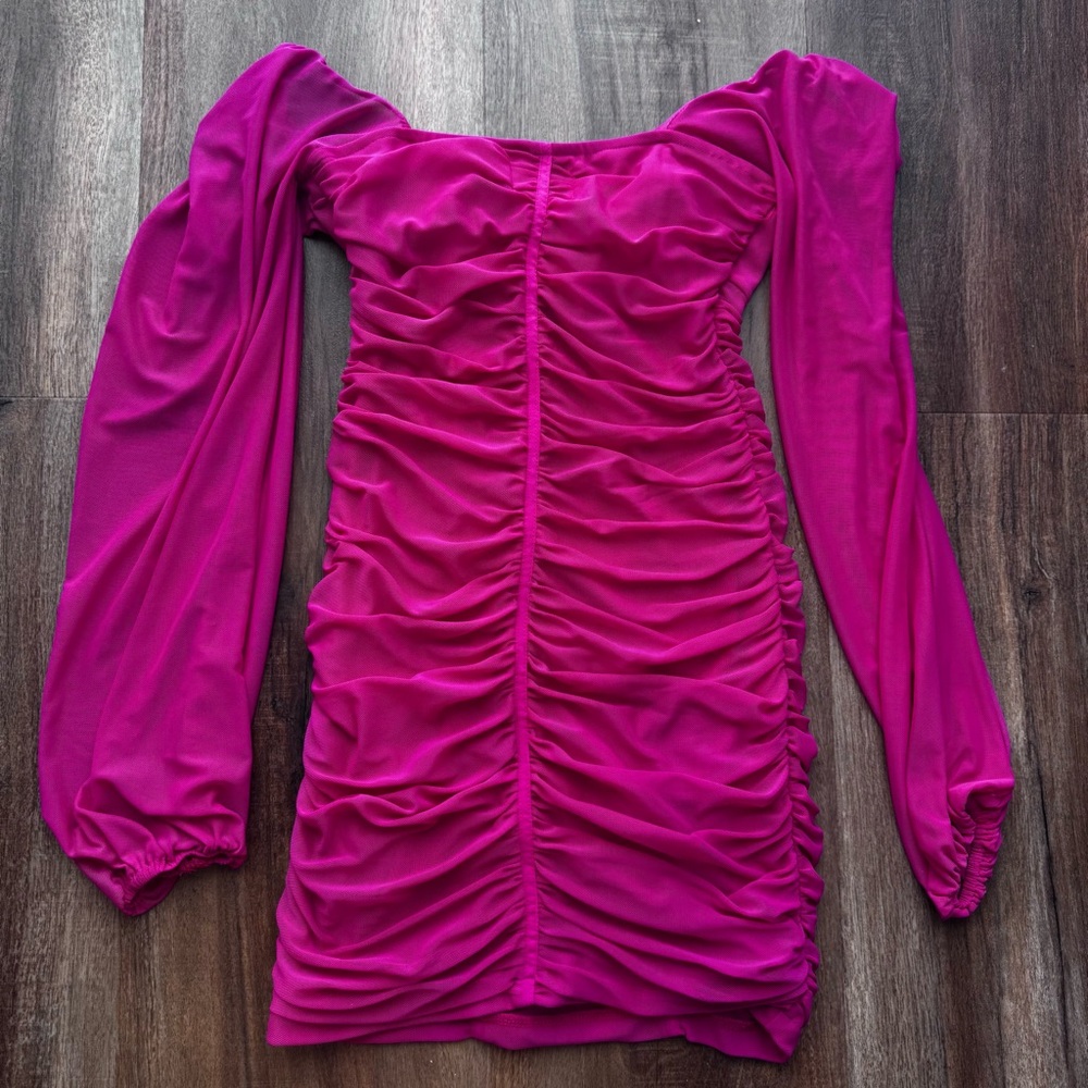 Princess Polly Hot Pink Ruched Mesh Long Flowy Sleeve Bodycon Dress Feminine - Picture 4 of 9